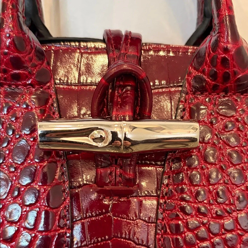 Longchamp XS Roseau Croc-Embossed Burgundy Top-Handle Satchel Crossbody Bag - Picture 6 of 15